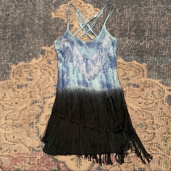 Free People light blue tie dye to ombre black lace cami with fringe accents 2 - Picture 2 of 16